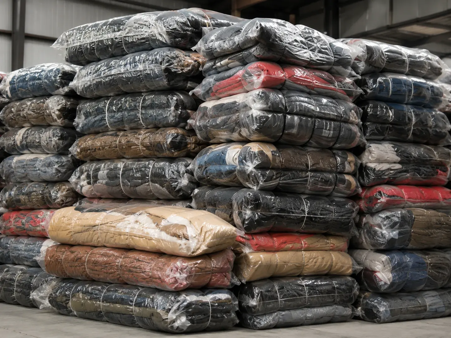 Tumpukan bal thrift terbungkus plastik, disusun bertingkat di dalam gudang.